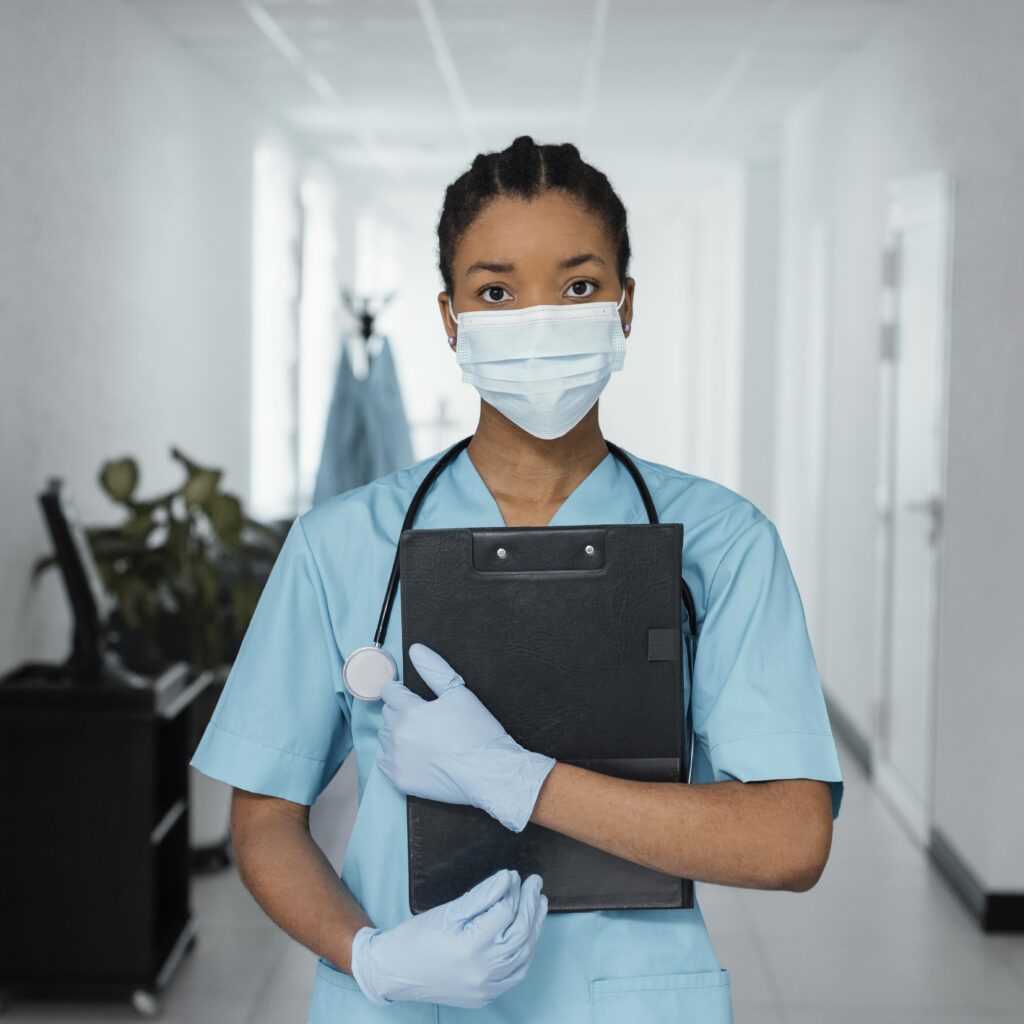medium shot woman wearing mask